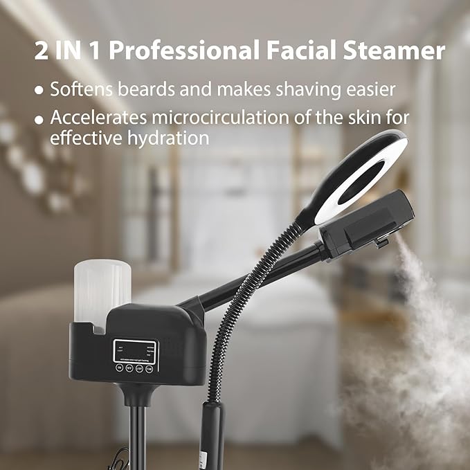 Professional Facial Steamer 2 in1 Steamer for Face 5X LED Magnifying Lamp Facial Steamer for Esthetician Beauty Face Equipment Use at Home or Salon（Black）
