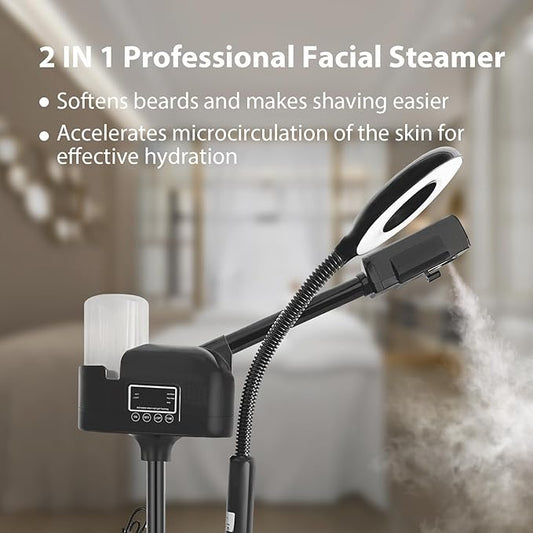 Professional Facial Steamer 2 in1 Steamer for Face 5X LED Magnifying Lamp Facial Steamer for Esthetician Beauty Face Equipment Use at Home or Salon（Black）