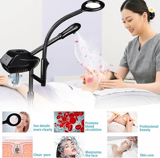 Professional Facial Steamer on Wheels, 2-in-1 Facial Steamers with 5X Magnifying Lamp, Ozone Facial Steamer for Facial Deep Cleaning, Facial Humidifier for Spa, Salon and at Home Use