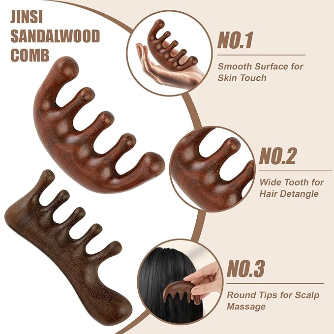 2 Pack Wooden Scalp Massage Comb Wooden Wide Tooth Loc Comb Sandalwood Scalp Massager Brush, Head Brush Gua Sha for Women Men