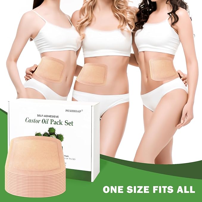 30Pcs Adhesive Castor Oil Patch with 7oz Organic Castor Oil Cold Pressed, Cotton Caster Oil Pack Wrap for Waist Back Neck Arm Belly