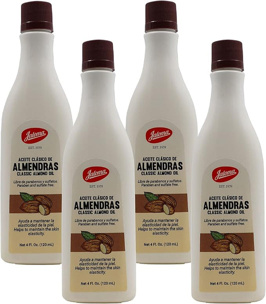 Jaloma Sweet Oil Almond, Emollient to Help you Soften your Skin, Makeup Remover, Delicate and Sweet Fragrance, Hair Moisturizer, Prevents Stretch Mark, All skin type, 4-Pack of 4 FL Oz, 4 Bottles.