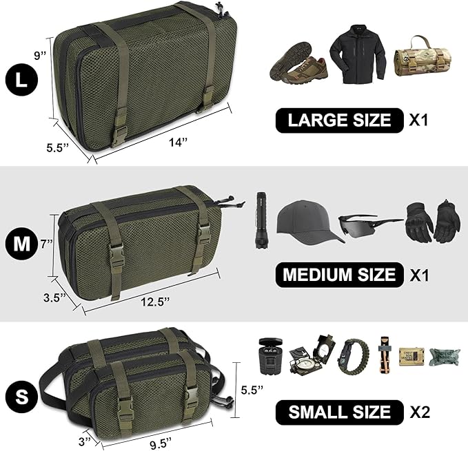 4 Set Tactical Packing Cubes ，Compressible Mesh Duffle Storage Bag,Portable Edc Molle Pouch Organizer.