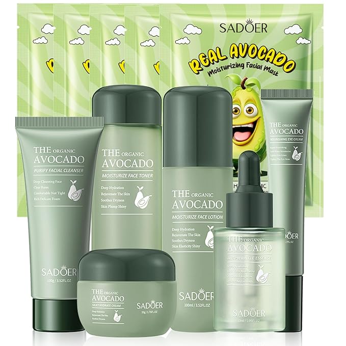 11Packs Avocado Skincare Kit, Skin Care Gift Set with Lip Balm, Toner, Lotion, Face Serum, Eye Cream For Hydrating Skin, Anti-Aging Skin For Women Teen Girls