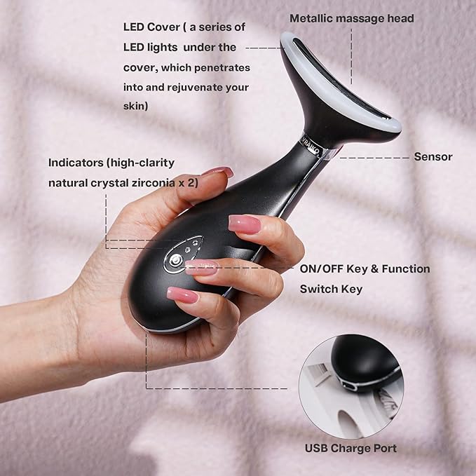 Lily Neck Face Massager Skin Rejuvenation Device (Black) with Triple Action LED, Natural Jade Comb Head Massager Scalp Massage Comb
