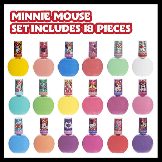 Townley Girl Disney Minnie Mouse 18 Piece Water-Based Nail Polish Set, Quick Dry and Peels-Off, Nail Paint Set for Girls, Perfect for Parties, Sleepovers and Makeovers, Ages 3