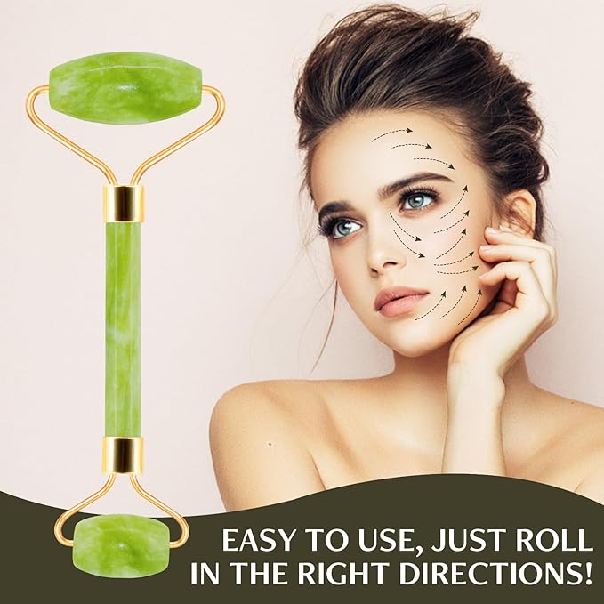 Jade Roller & Gua Sha Facial Tools, Natural Anti-Aging Jade Beauty Skin-Care Tool Face Roller to Rejuvenate Facial Skin Cooling, Slimming & Firming, Great as Stocking Stuffers