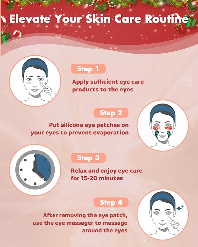 2 Pairs Reusable Under Eye Wrinkle Patches Silicone Mask, Plump Fine Lines & Wrinkles, with Metal Eye Cream Applicator, Tin Case, Red & Green