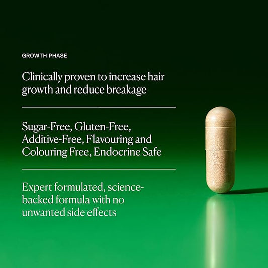 The Nue Co. GROWTH Phase Supplement, Supports Hair Growth, Reduces Breakage, Thicker & Fuller Hair, Contains Vitamins, Reishsi Mushrooms, Proteins & Adaptogens, Vegan, Gluten Free, 30 Capsules