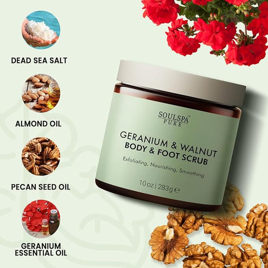 Geranium & Walnut Body & Foot Scrub | Nourishing & Smoothing Exfoliating Body Scrub for Enhanced Skin Texture, 10 oz