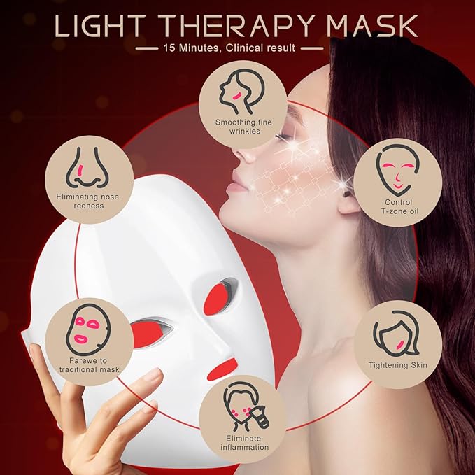 Led Red Light Therapy for Face, 7 Color Facial Mask Blue Red for Face Facial Skin Care(White)