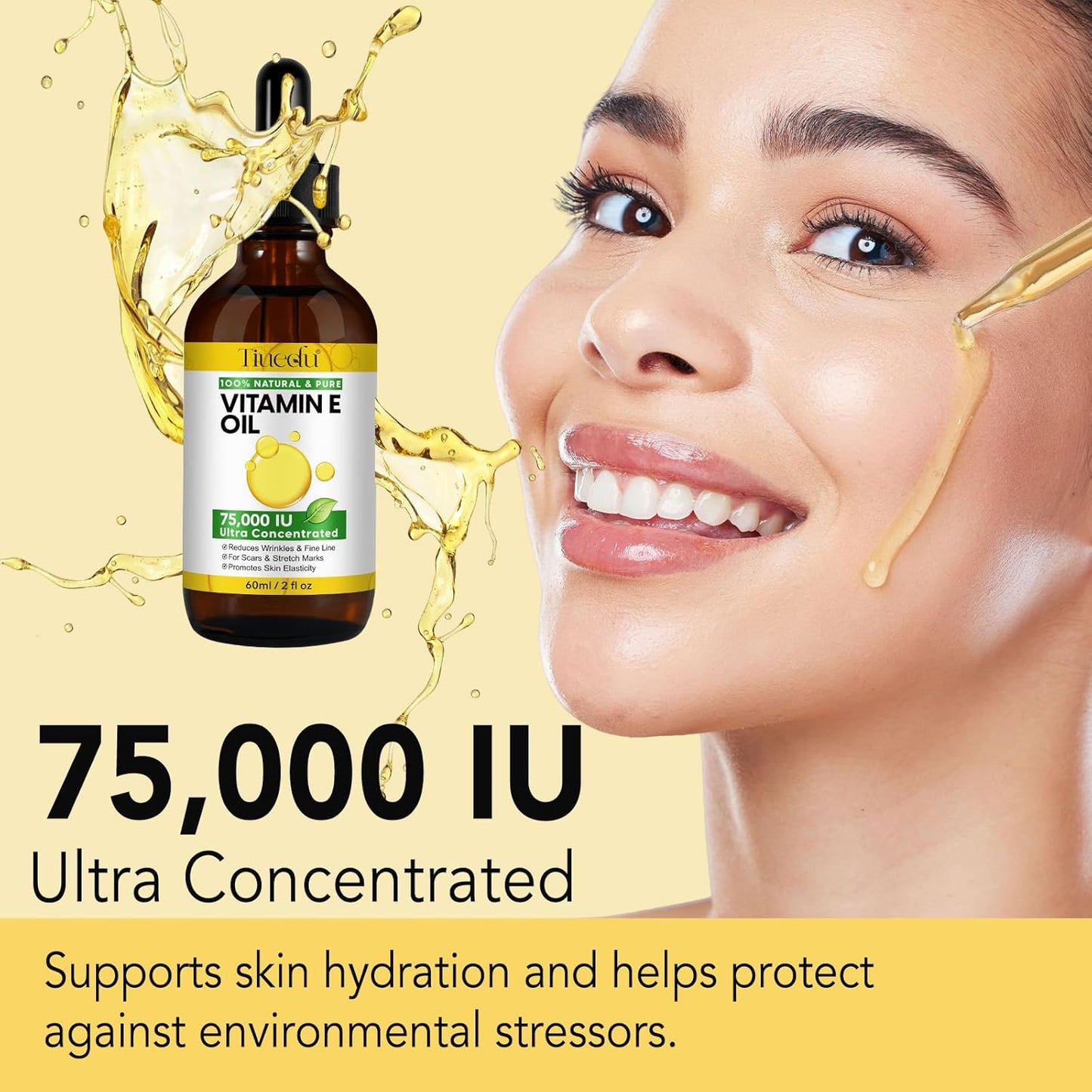 Tiuedu Natural Vitamin E Oil for Skin, 75,000 IU Ultra Concentrated Vitamin E Oil for Face, Hair and Scars, Moisturizing Dry Skin Oils, Promotes Skin Elasticity, 2Fl Oz