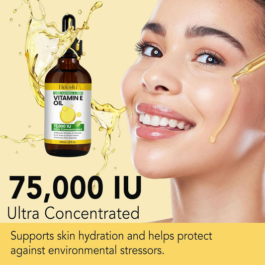 Tiuedu Natural Vitamin E Oil for Skin, 75,000 IU Ultra Concentrated Vitamin E Oil for Face, Hair and Scars, Moisturizing Dry Skin Oils, Promotes Skin Elasticity, 2Fl Oz