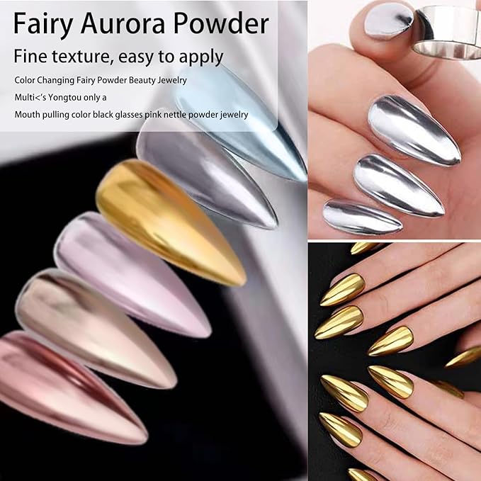 6Pcs Nail Cuticle Oils Nutrition Oil Pen and Chrome Nail Powder for Beautiful Mirror Effect Chrome Powder