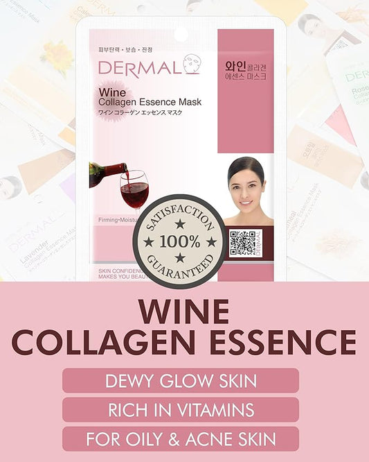 DERMAL Wine Collagen Essence Facial Mask Sheet 23g Pack of 10 - Moisturizing & Firming for Tired Skin, Relieves Skin Stress, Daily Skin Treatment Solution Sheet Mask