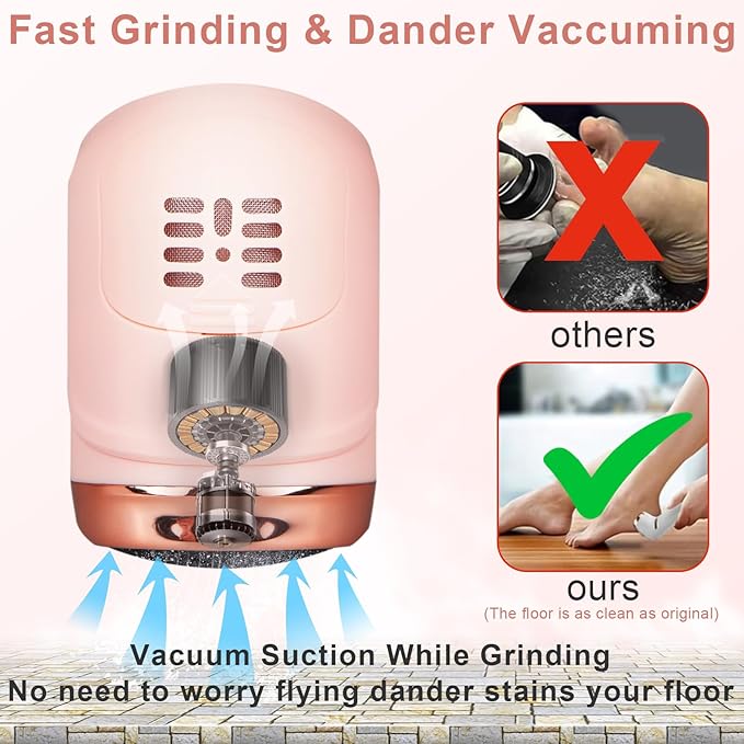 Electric Callus Remover for Feet (with Vacuum Cleaner), Rechargeable Foot Callus Remover Pedicure Tools Foot File, Professional Foot Care Kit Deadskin Remover with 3Heads&2Speed,LCD Display-Pink