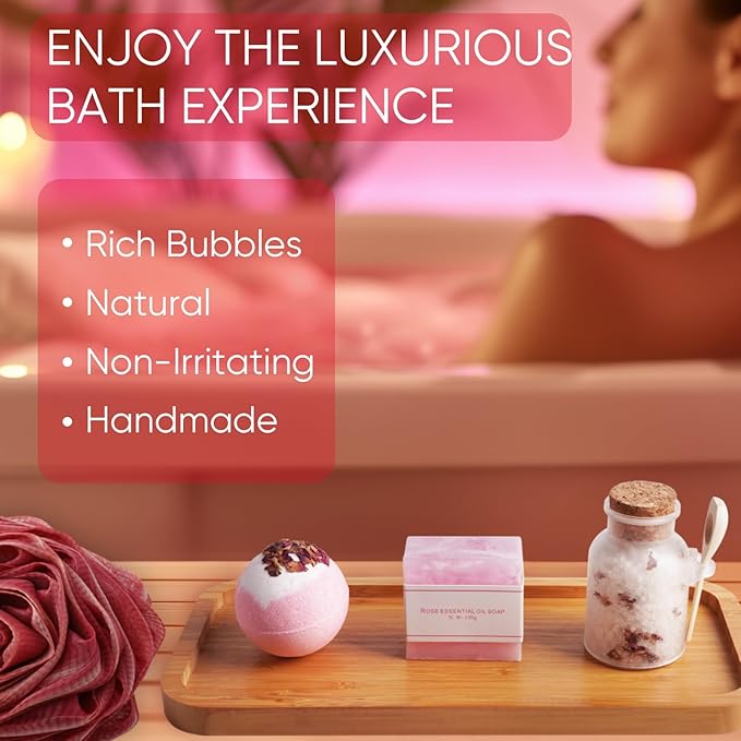 Homemory Gift Women Christmas Bath Sets Body Self Care, Best Spa Birthday Valentine's Day Basket Scented Candle & Reed Diffuser Kit Mom Friends Sister With Rose Card (Red)