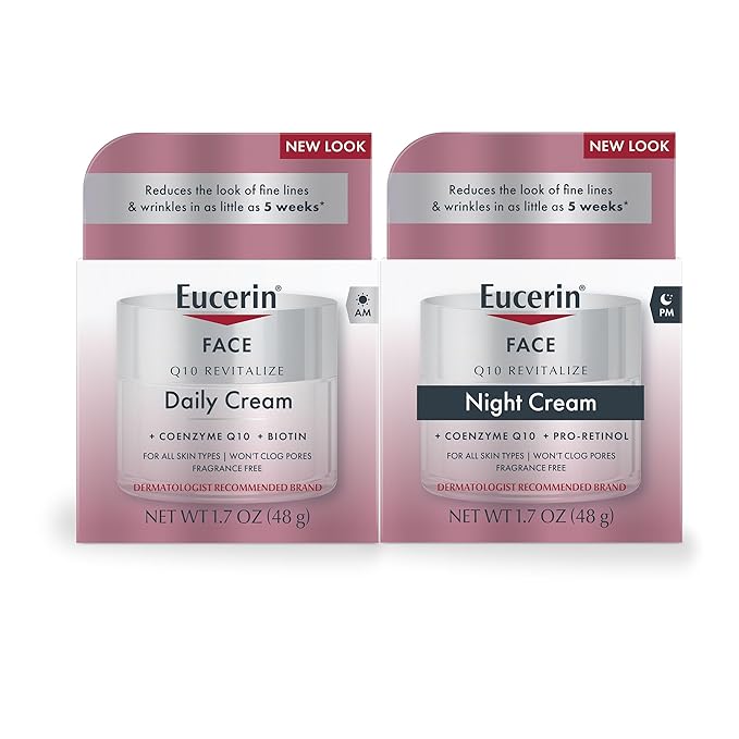 Eucerin Q10 Skin Care Set, Anti Wrinkle Daily Face Cream with Biotin (1.7 Oz) + Anti Wrinkle Night Cream with Pro-Retinol (1.7 Oz), For All Skin Types, Fragrance Free