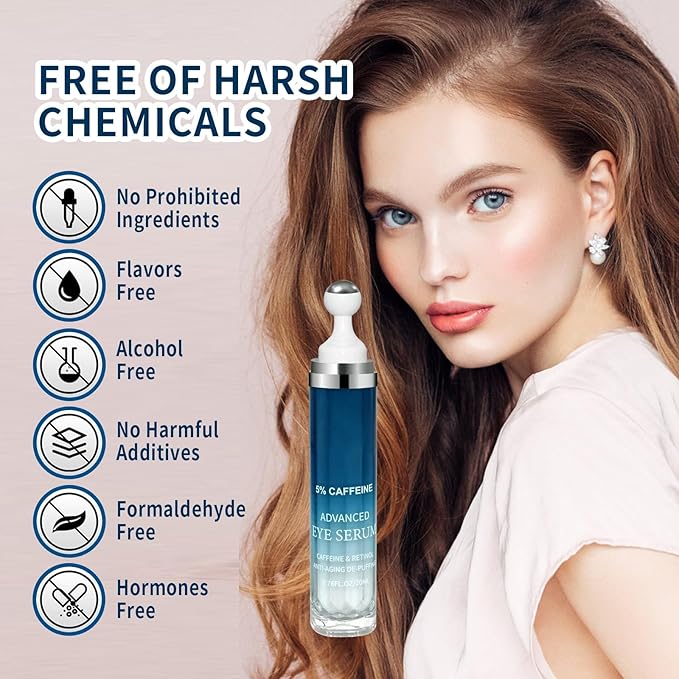 5% Caffeine Eye Serum for Dark Circles,Under Eye Cream with 360°Eye Roller for Eye Bags & Puffiness- Eyes Treatment Serum for Women Create a Natural Charm for Your Eyes(0.76 fl. oz.)