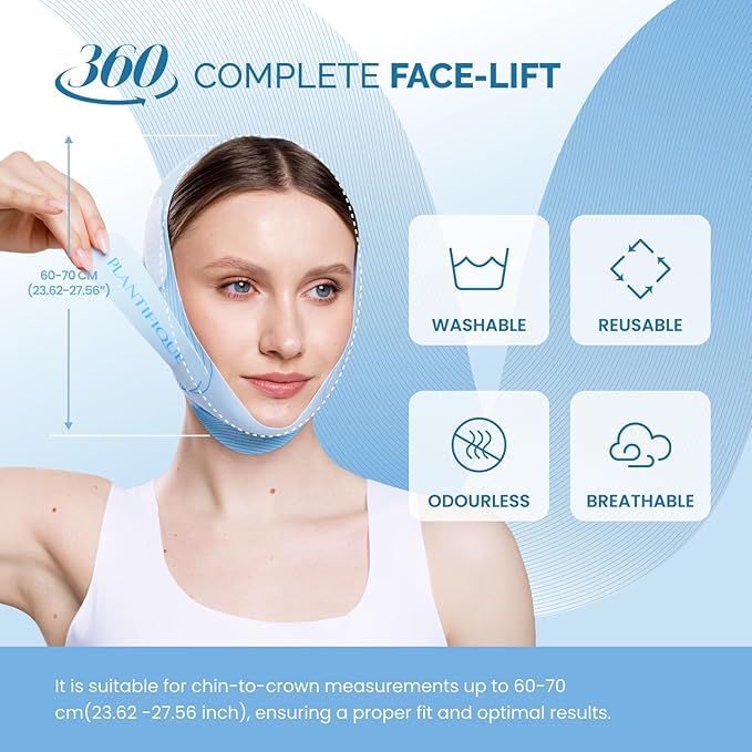 PLANTIFIQUE Chin Strap for Face Contouring - Reusable V Line Ice Silk Fabric Mask - Double Chin Shaping, Adjustable, Breathable Fabric - Jawline Shaper for Women & Men