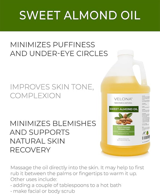 velona Sweet Almond Oil - 64 Fl Oz | 100% Pure and Natural Carrier Oil |Cold Pressed | Skin, Hair, Body & Face Moisturizing | Use Today - Enjoy Results…