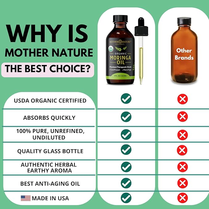 Mother Nature USDA Organic Moringa Seed Oil, 100% Pure, Cold-Pressed, Unrefined Oil for Face, Skin Care & Hair Growth, Aceite de Moringa para la Cara, Anti-Aging. Non-GMO & Gluten Free (4 Oz)