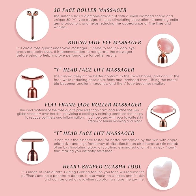 7pcs Facial Jade Roller and Gua Sha Kit, 100% Natural Jade Stone Face Massager for Skin Tightening, Dark Circles, Skin Rejuvenation, Wrinkle Remover, Men and Women Massage Tool Gift Set, Pink