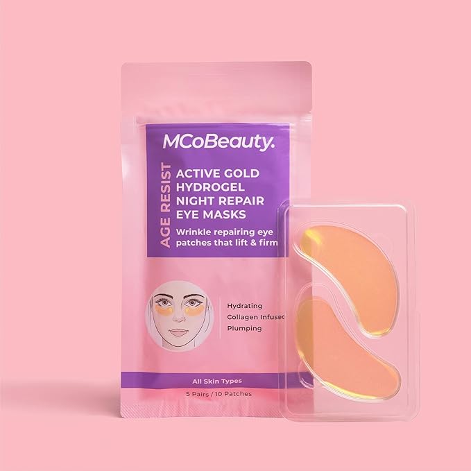 MCoBeauty Age Resist Active Gold Hydrogel Night Repair Eye Patches, Brightening & De-Puffing, with Collagen and Hyaluronic Acid, Vegan, Cruelty Free Cosmetics