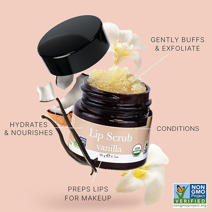 USDA Organic Lip Scrub - USA Made Natural Moisturizing Exfoliator for Dry Lips, Sugar Scrub for Smooth Lips