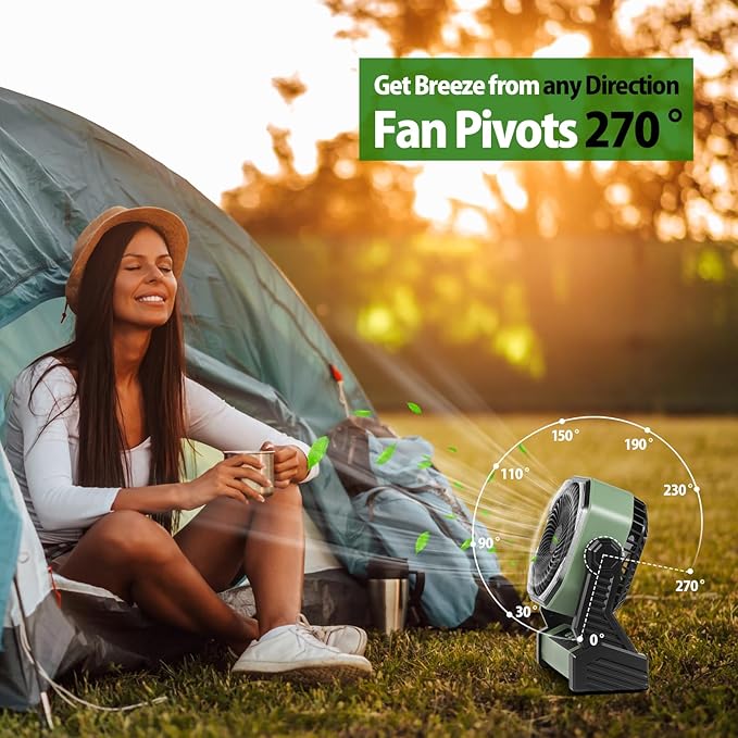 20000mAh Camping Fan, Rechargeable Portable Fan with 400 Lumes Light, 360° Rotatable Hook, 270° Pivot, 4 Speeds, 58Hrs Battery Powered for Tent Car Trip Outdoor BBQ Hurricane Power Outages