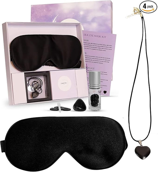 Silk Sleep Mask Black - Organic Mulberry Silk Hypoallergenic Sleeping Mask Gift Set with Obsidian Pendant Necklace, Essential Oil Roller Bottle, and Black Obsidian Crystal Kit Meditation