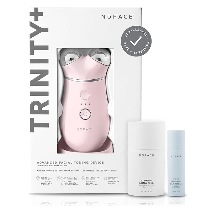 NuFACE Trinity+ Microcurrent Facial Device Kit - FDA Cleared Face Sculpting & Neck Tightening Device to Contour Cheeks & Brows + Microcurrent Gel Activator & Silk Creme - Sandy Rose