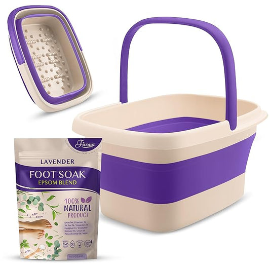 Fivona Foot Care Kit 2 in 1 - Foot Soak Blend with Epsom Salt, Lavender and Essential Oils - Expandable Foot Soak Basin - Pedicure Spa Soak for Tired Feet, Cracked Heels, Stubborn Foot Calluses