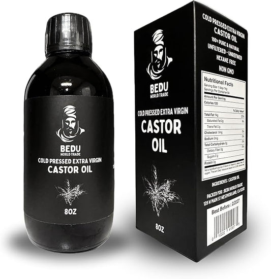 BEDU Cold Pressed Extra Virgin Black Castor Oil, 100% Pure & Natural, Unfiltered - Unrefined, Hexane Free, Non GMO (8 fl oz)