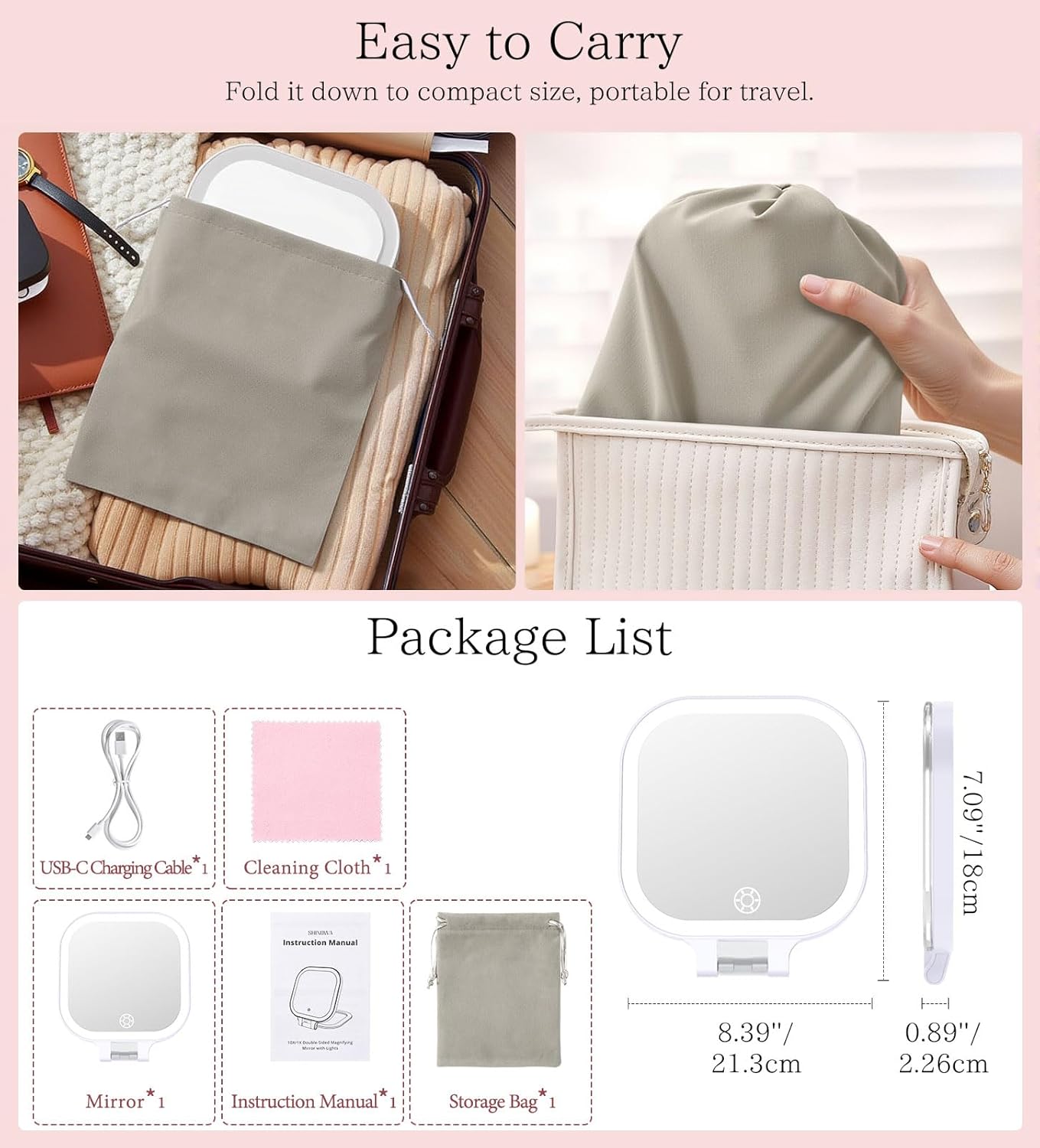 Shinowa Rechargeable Travel Makeup Mirror with 72 LED Lights, 1X/10X Magnifying Vanity Mirror with 3 Color Light, Folding Stand, 7 Inch Portable Dimmable Double Sided Compact Lighted Mirror, White