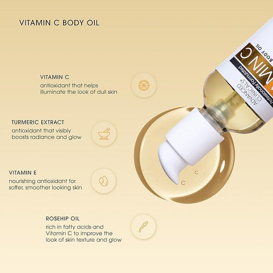 Advanced Clinicals Vitamin C Body Oil Skin Care Moisturizer W/Vitamin E & Turmeric - Nourishing, Brightening, & Hydrating Body Oil To Improve Look Of Dark Spots, Dry Skin, & Stretch Marks, 3.8 Fl Oz