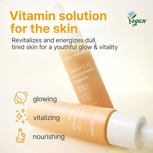 Face Republic Vitamin C 25 Concentrated Ampoule | 25% Ascorbic Acid, Glutathione, Antioxidants | No Irritation, Improve Skin Tone | Radiant Skin