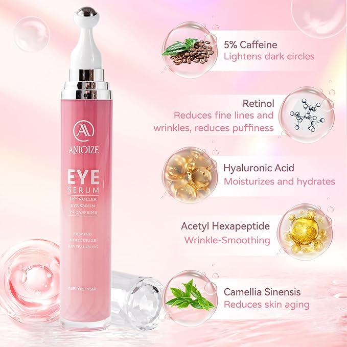 Caffeine Eye Cream for Dark Circles and Puffiness,Under Eye Cream for Fine Lines Wrinkles and Bags,Eye Care Eye Roller Serum with 360° Massage Ball