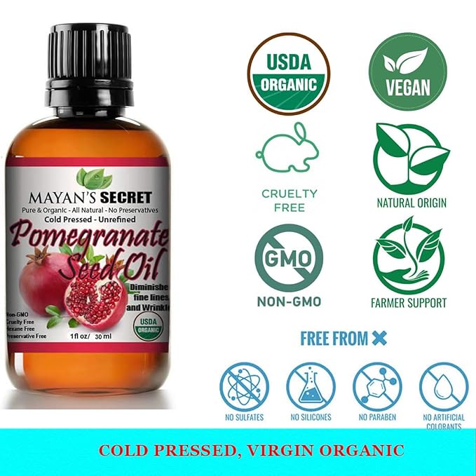 Mayan's Secret USDA Certified Organic Pomegranate Seed Oil for Skin Repair -Glass Bottle Cold Pressed and Pure Rejuvenating Oil for Skin, Hair and Nails