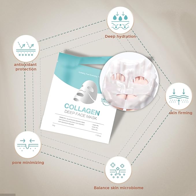 Collagen Face Mask,Deep Collagen Overnight Mask,A sheet mask with low molecular weight collagen for lifting,Stretching, Firming and Moisturizing,34g*5ea