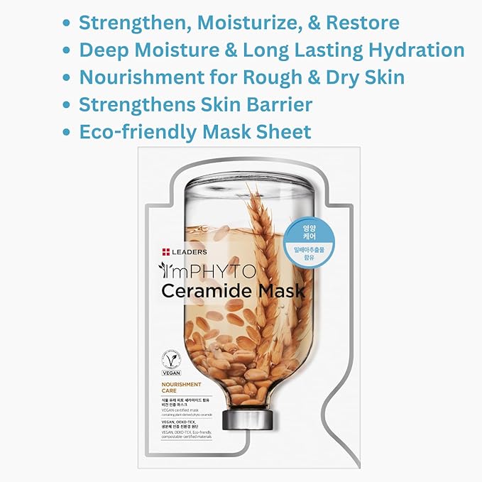 I'MPHYTO Leaders Facial Mask 10 Sheet Ceramide Vegan Mask | Deep Nourishing & Skin Barrier Strengthening | Plant-Based Ingredient from Fermented Wheat Germ Extract & Macadamia Seed Oil