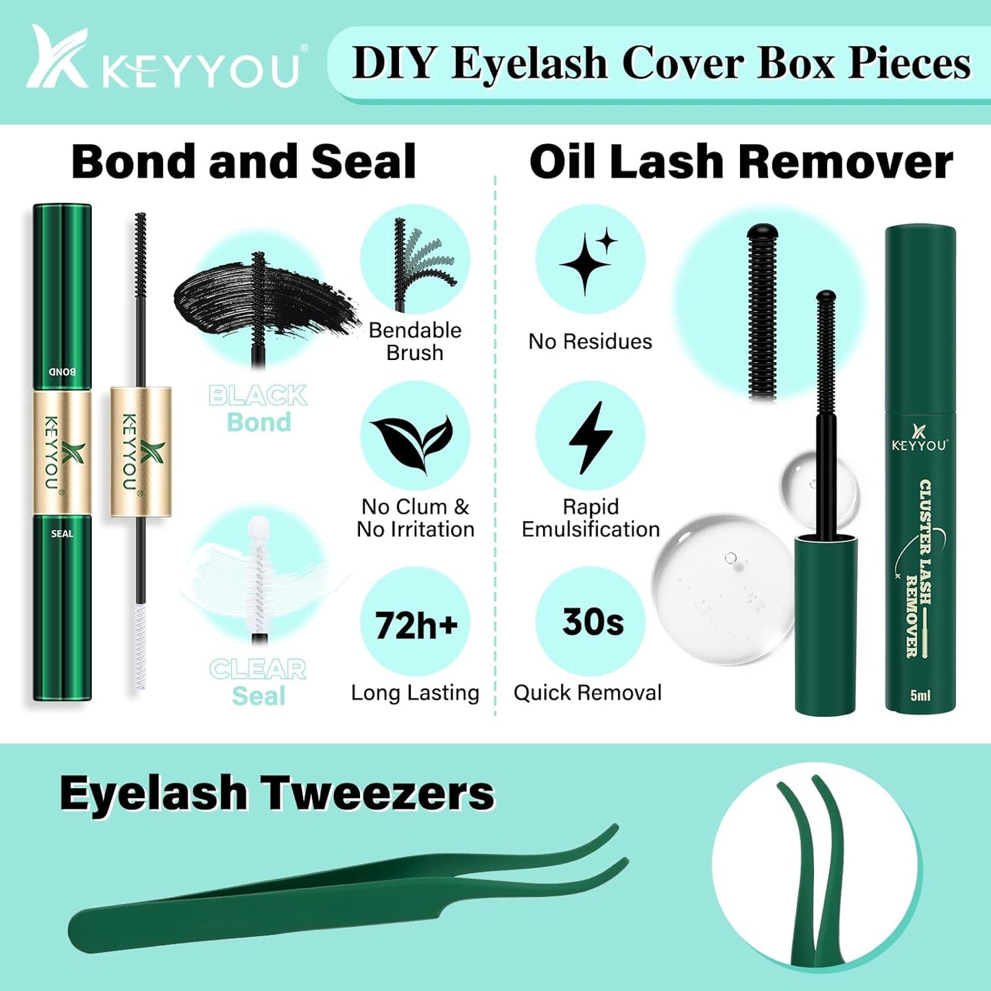 KEYYOU Lash Extension Kit 144pcs Air Touch Lash Clusters with Bond and Seal Lash Applicator Remover D Curl DIY Eyelash Extension Kit Easy to Apply at Home(Air01Kit-D-8-18Mix)