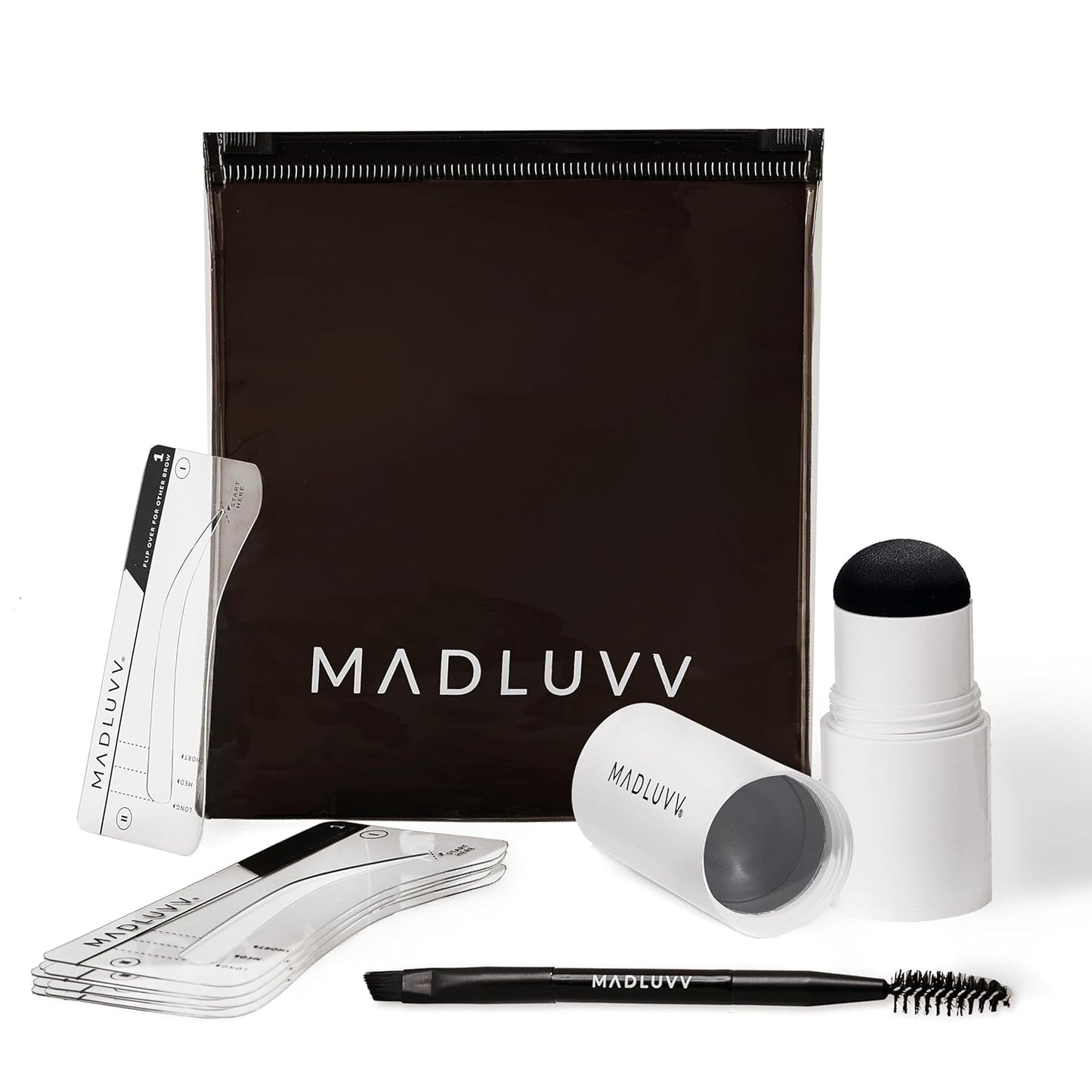 MADLUVV Brow Stamp Kit with Brow Stencils – Easy Eyebrow Shaper for Natural-Looking Brows – Popular Eyebrow Stencil Kit Used by Professionals – 9 Shapes, Spoolie, Travel Bag & Stamp (Dark Grey)