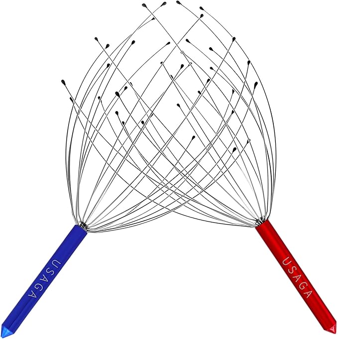 USAGA Head Massager Scalp Massager 20 Fingers Head Scratcher for Scalp Body Relaxing (Red & Blue)