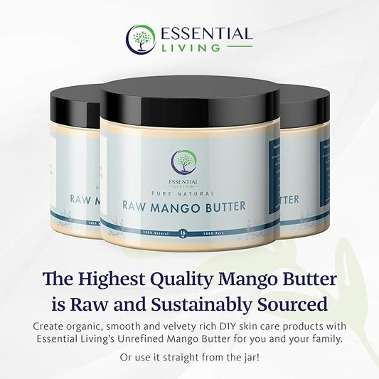 Essential Living: Unrefined Mango Butter - For Raw and Organic Lip Balms, Body Lotion, Body Butter, Body Scrub and Organic Soap Making - 16-oz. Jar - 100% Natural
