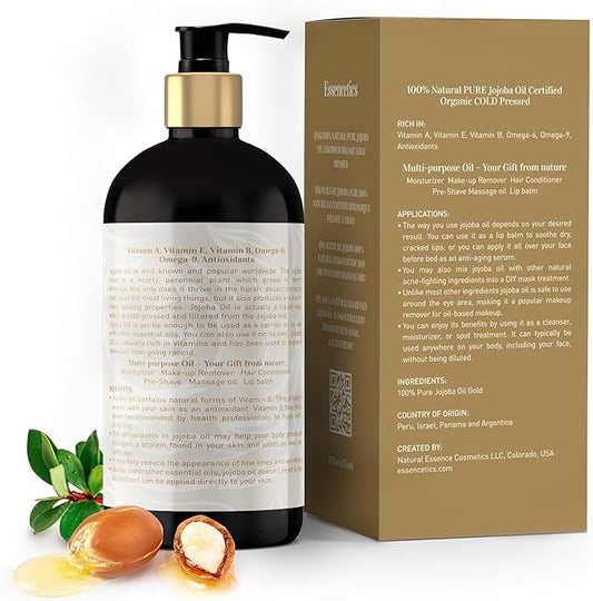 Organic Jojoba Oil 16 oz - 100% Pure & Natural Jojoba Massage Oil for Hair, Skin, Body, & Face - Natural Cold Pressed Unrefined - Hexane Free Massage Oil for Massage Therapy & Date Night