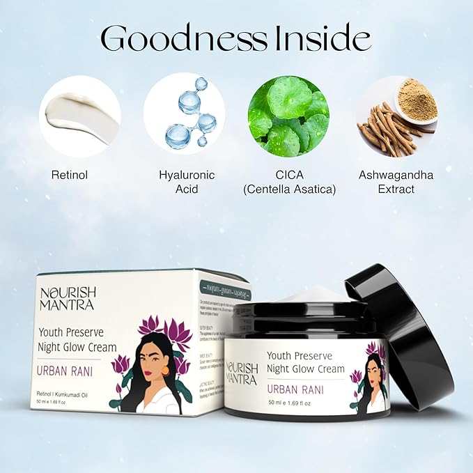 NOURISH MANTRA Urban Youth Preserve Night Glow Cream/With Retinol, Hyaluronic Acid, CICA, and Ashwagandha Extracts/Hydrates, Repairs Skin & Addresses signs of aging/All Skin Types/ 50ml