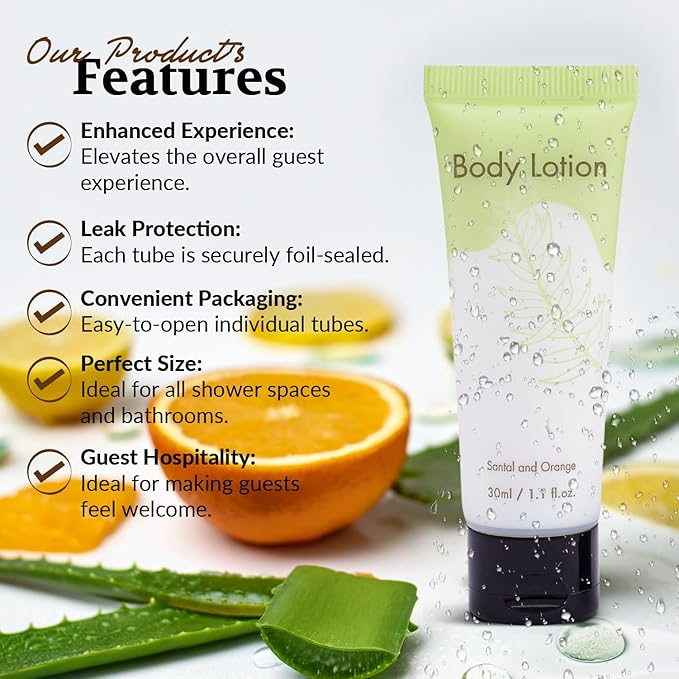 Leak-Proof Travel Size Body Lotion 1.1 Fl.oz/ 30 ml Each 200PCS Bulk Pack of Hotel Lotion Santal and Orange Scent Amenities and Toiletries for Hospitality