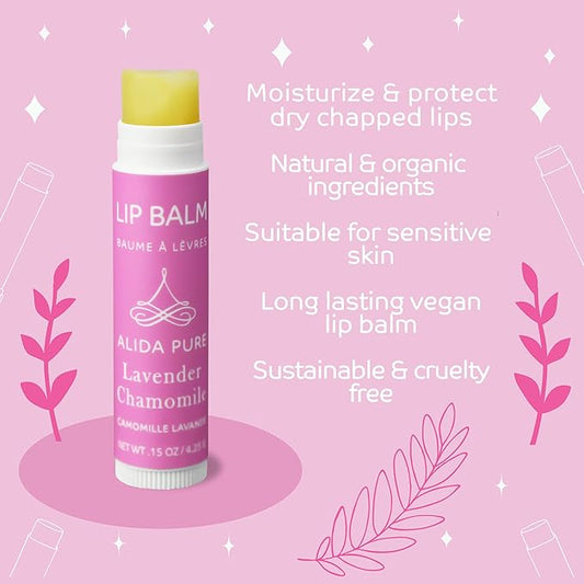 Lavender Chamomile Lip Balm Collection, Vegan Lip Balm Set, Beeswax Free, with Avocado Oil, Organic Jojoba Oil, and Vitamin E, Natural Moisturizer for Dry, Chapped Lips, 3 Tube Set