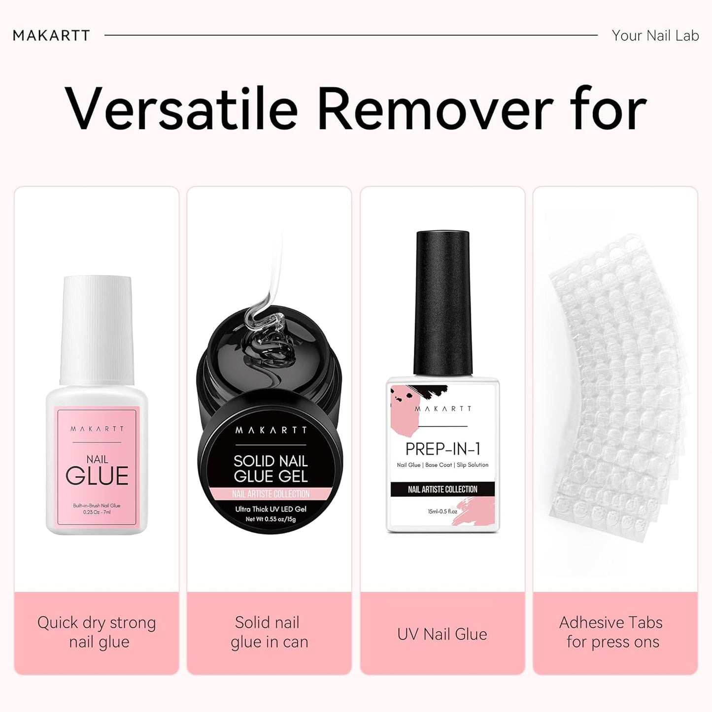 Makartt Press on Nail Glue Remover: Updated Formula with Vitamin E | Glue Debonder with 5 Wooden Sticks,1 Dropper Applicator for Quicker Application,Non-Acetone,Hema-free Glue off 30 ml